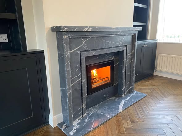 Blyth Bespoke Fireplace Wall with Marble Surround and Bookcases