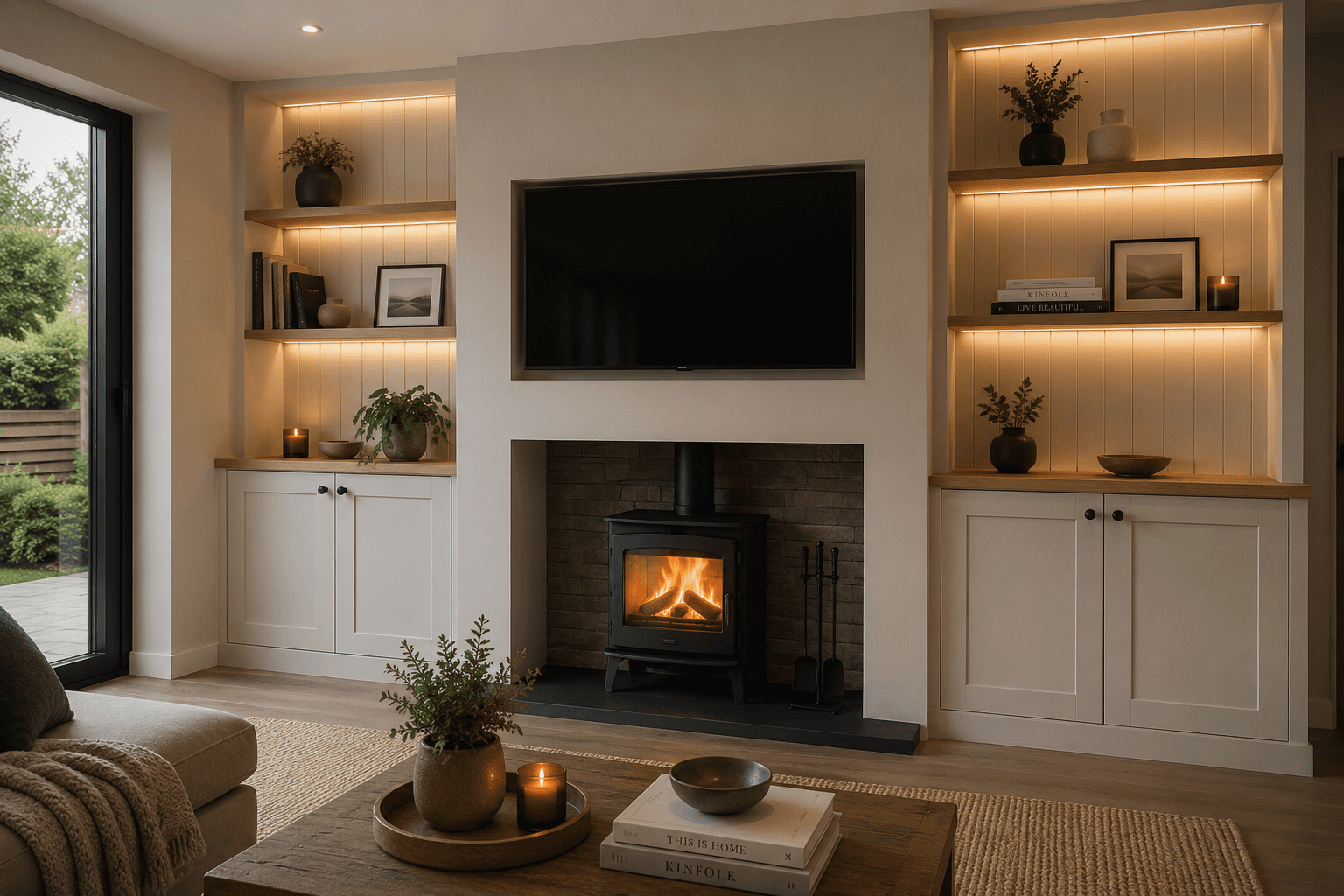 Fireplace and stove installation in a finished living room
