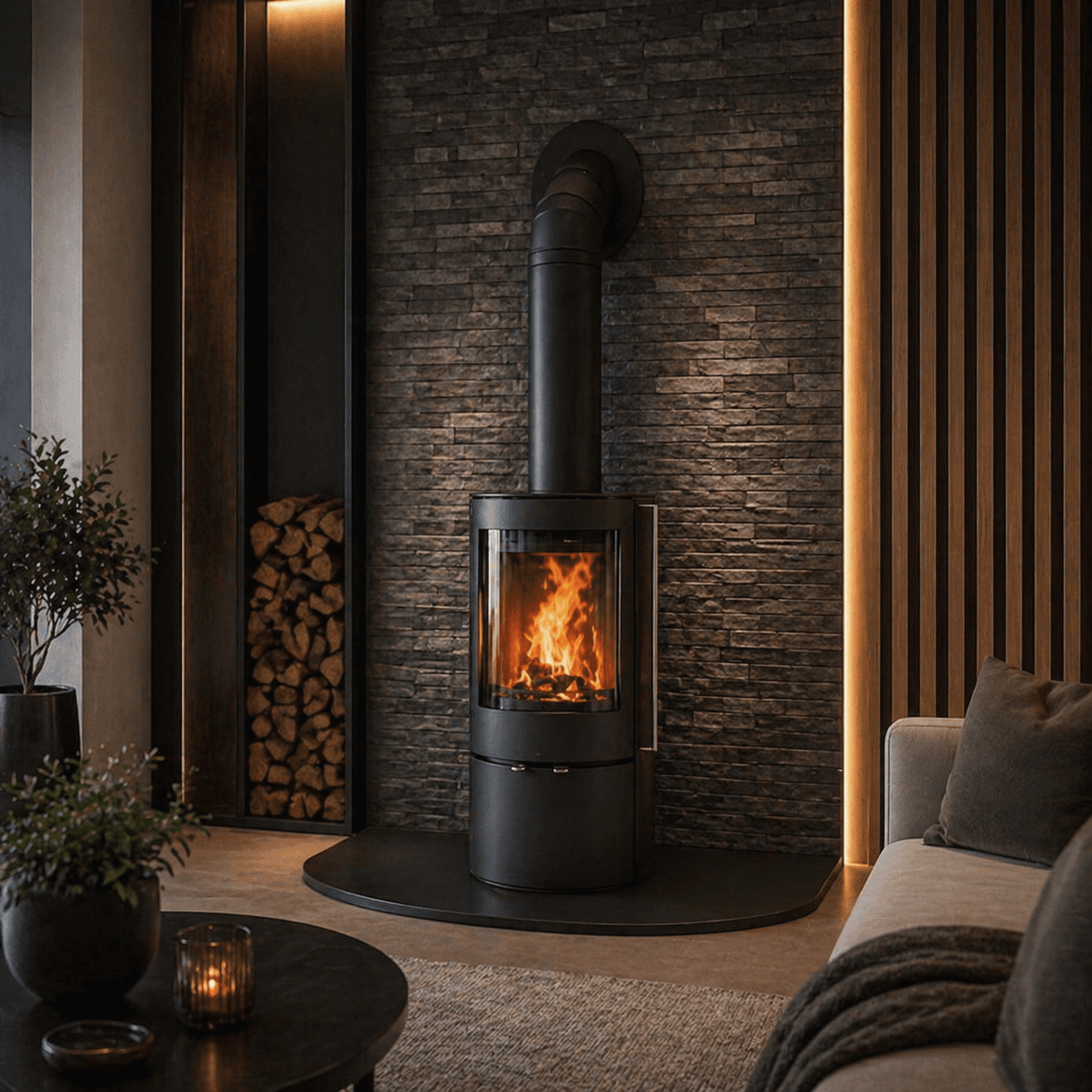 Wood burning stove set within a contemporary fireplace setting