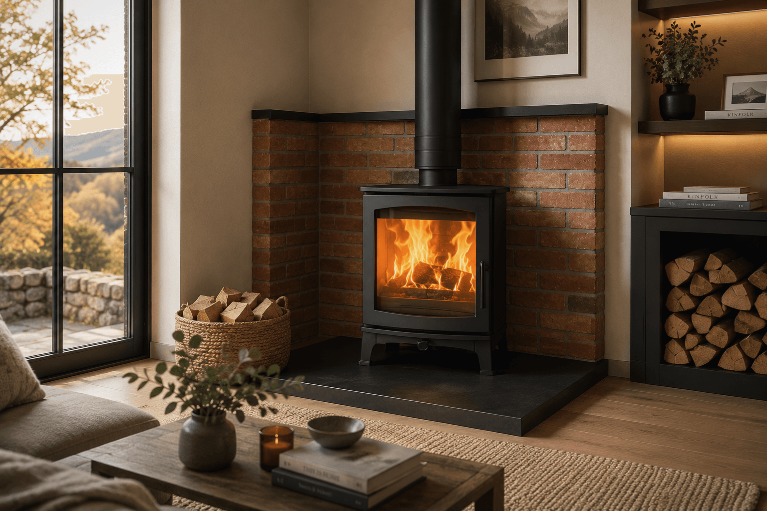 Lounge stove installation with a warm brick chamber and clean flue route