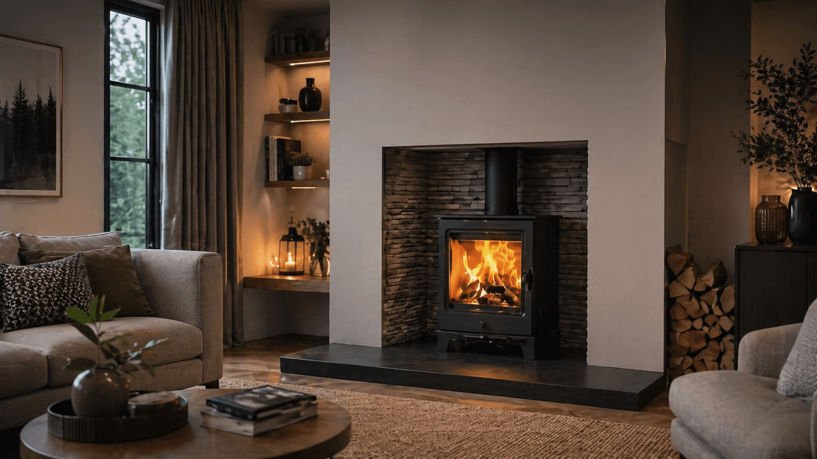 Fireplace installation with a stone mantel and stove