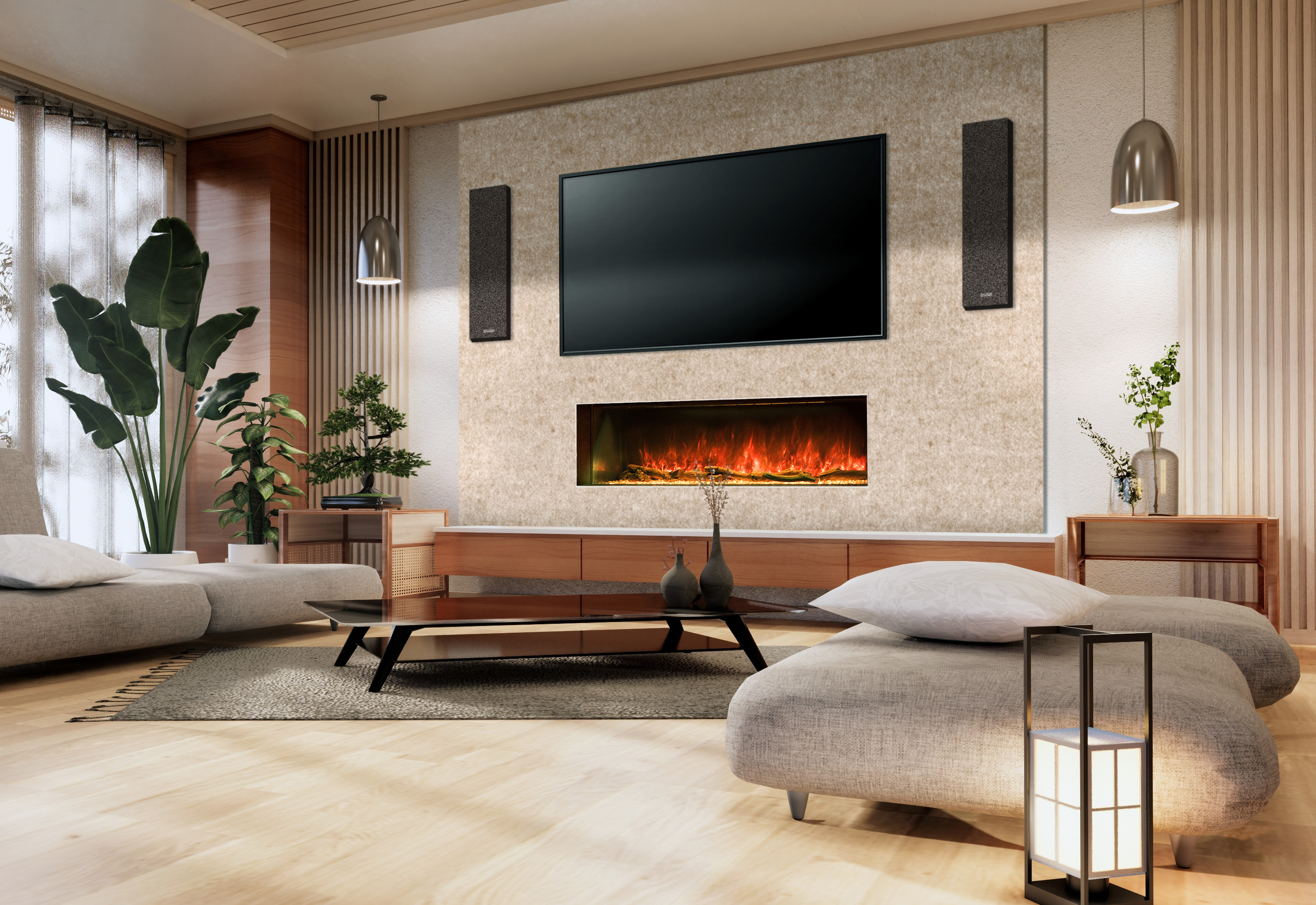 Electric fire media wall shown in a finished room