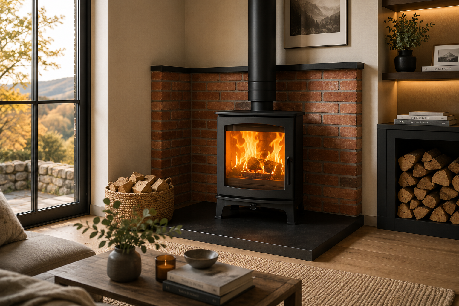 Lounge stove installation with a warm brick chamber and clean flue route
